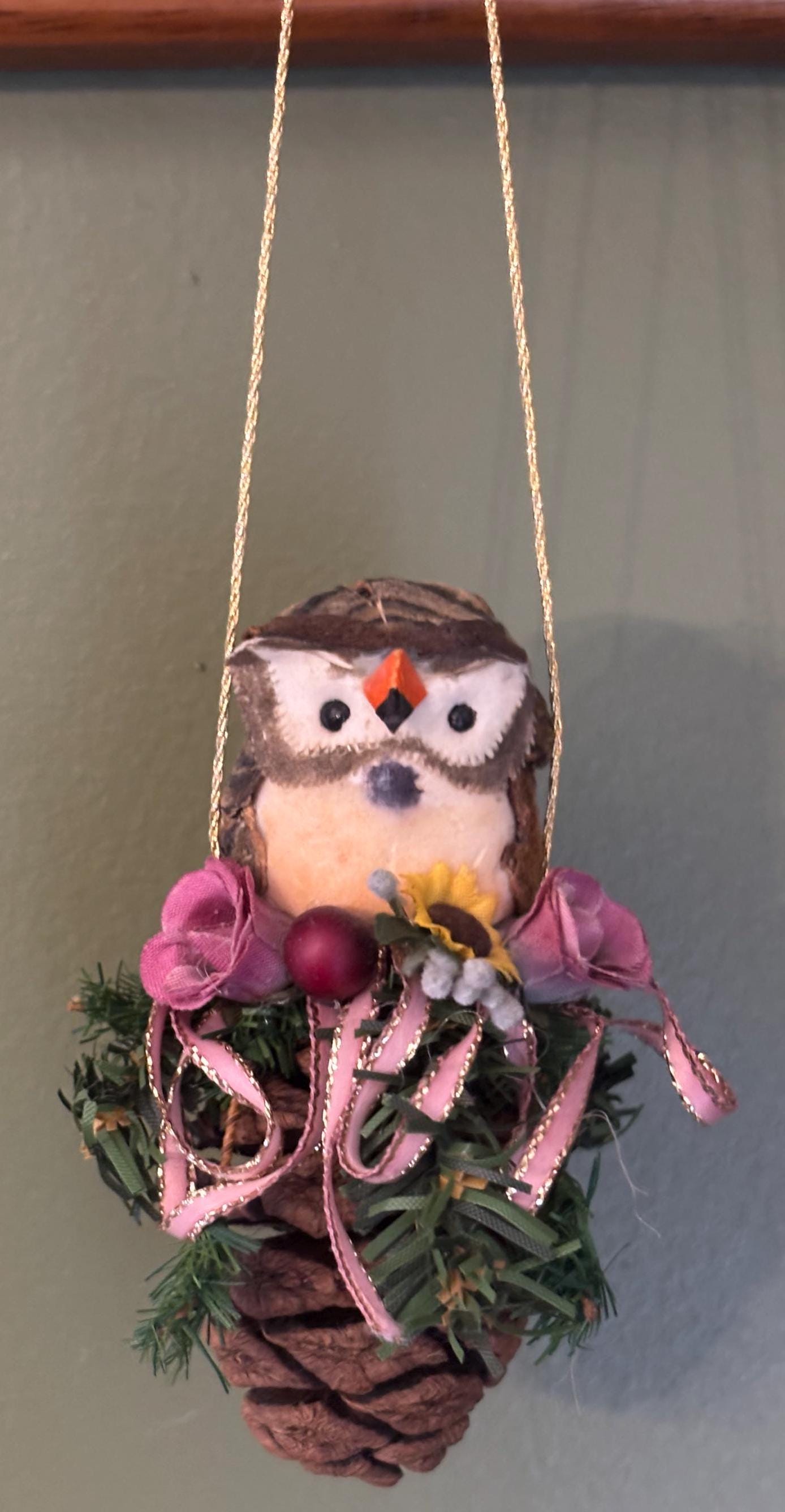 Vintage Owl in Pinecone Basket Ornament Gift For Her Lover Antiques and Vintage