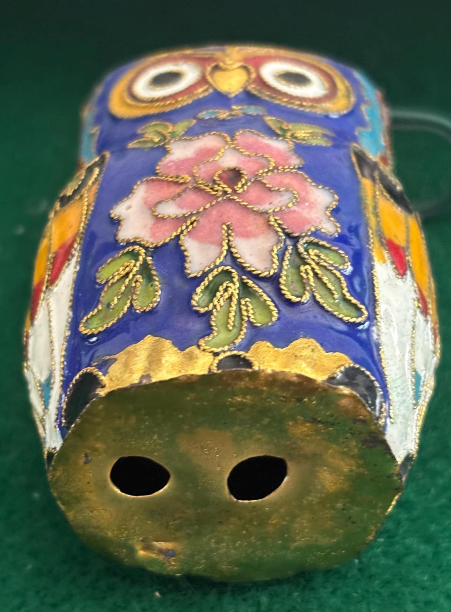 Vintage Cloisonné Brass Enameled Tall Standing Owl Statue Purple Pink Rose Enameled Owl Figurine Lover Antiques and Vintage
