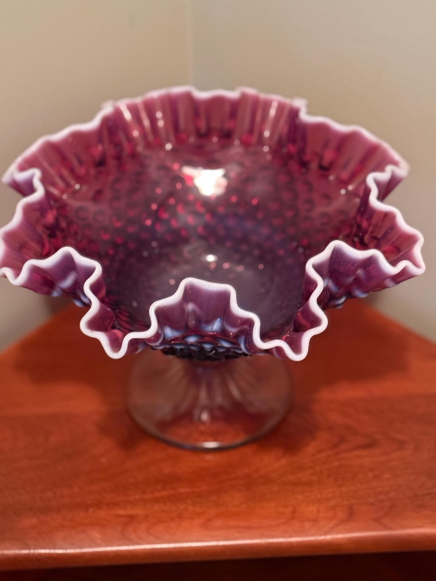 Vintage Fenton Plum Opalescent Hobnail Footed Glass Compote Bowl Lover Antiques and Vintage
