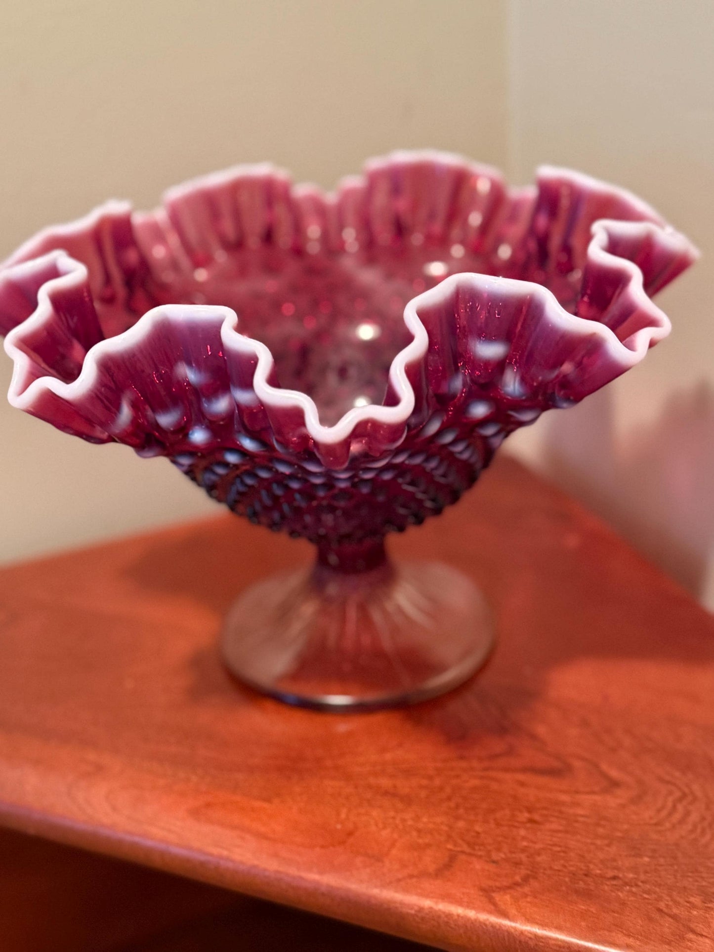 Vintage Fenton Plum Opalescent Hobnail Footed Glass Compote Bowl Lover Antiques and Vintage