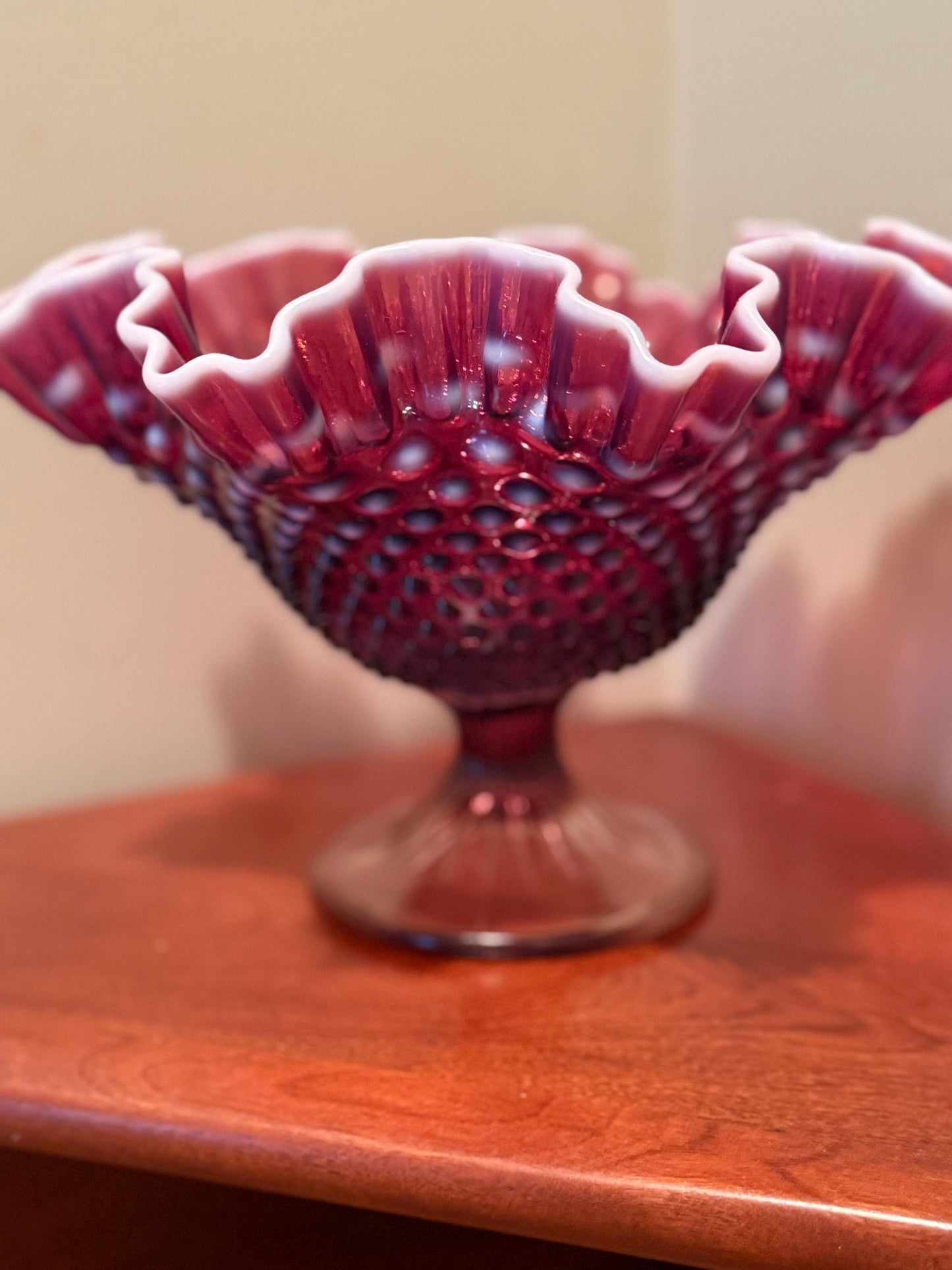 Vintage Fenton Plum Opalescent Hobnail Footed Glass Compote Bowl Lover Antiques and Vintage