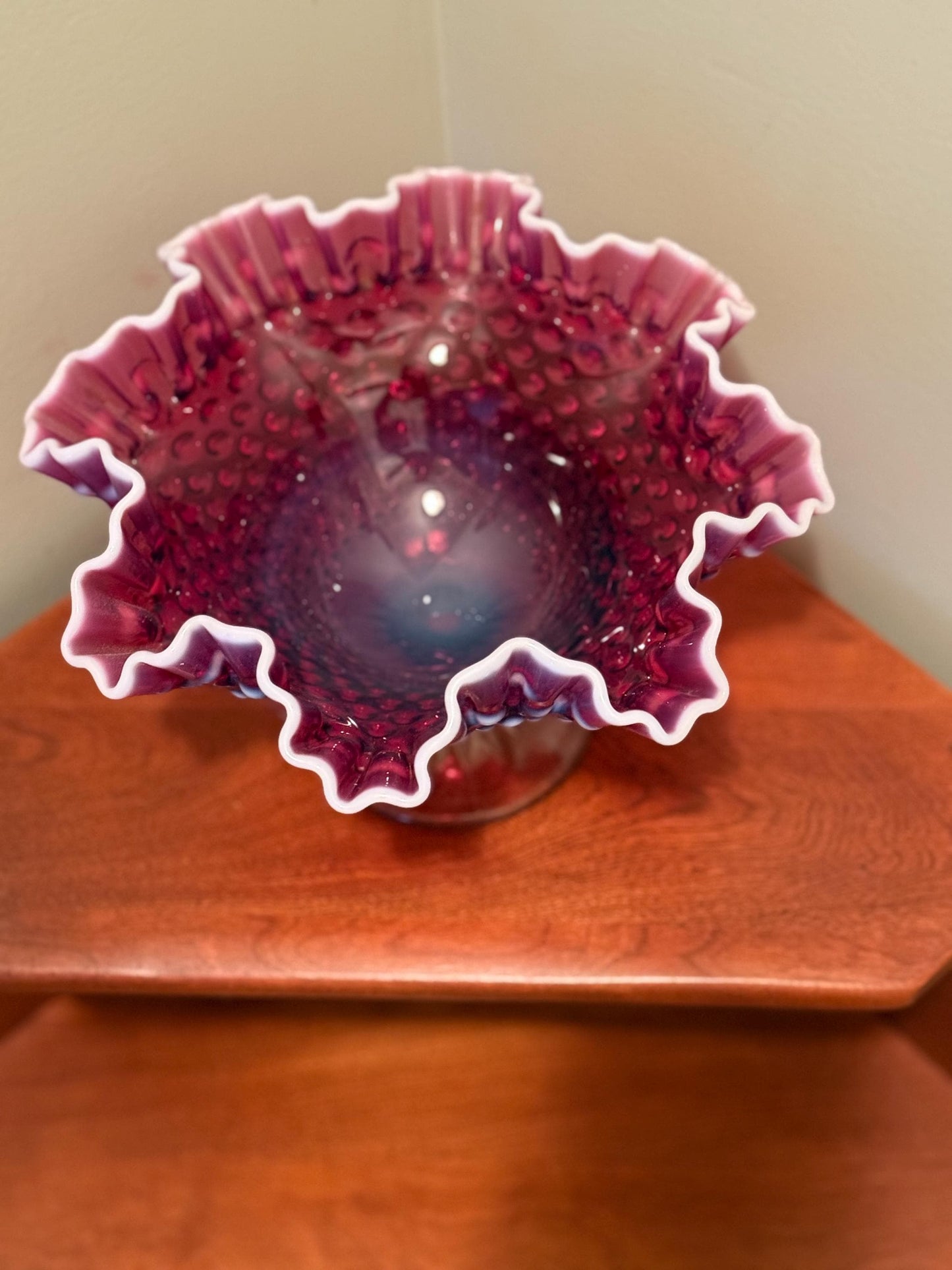 Vintage Fenton Plum Opalescent Hobnail Footed Glass Compote Bowl Lover Antiques and Vintage