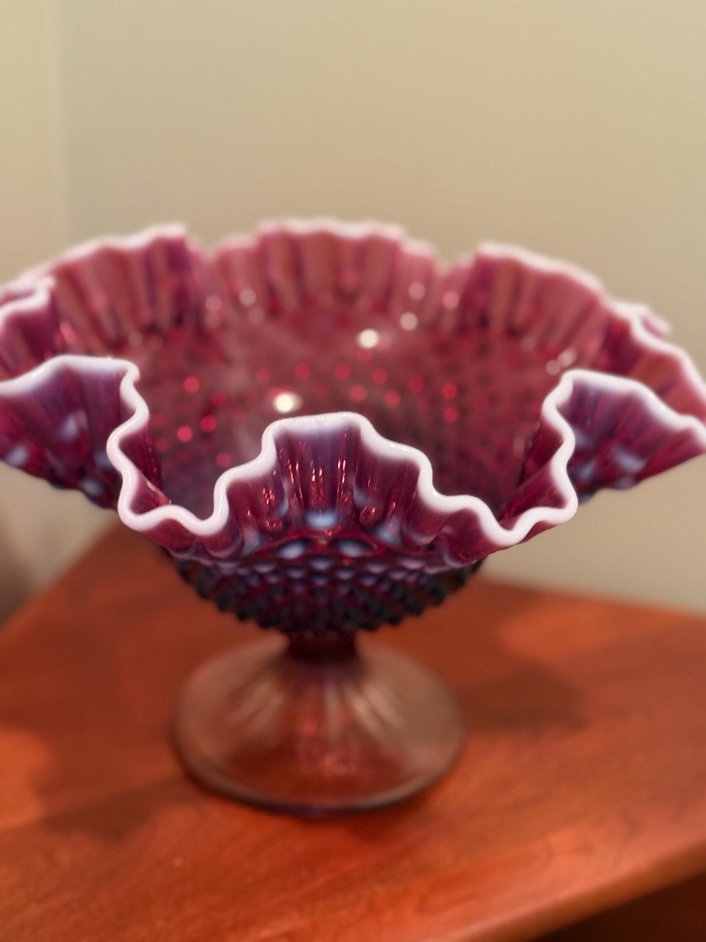 Vintage Fenton Plum Opalescent Hobnail Footed Glass Compote Bowl Lover Antiques and Vintage