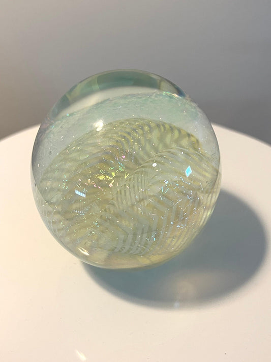 Vintage Robert Eickholt Dichroic Glass Art Paperweight layered glass hues of metallic sparkle Lover Antiques
