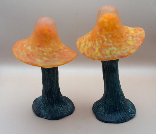 Vintage Orange Slag Glass and Cast Iron Set of 2 Mushrooms Figurines For Home or Outdoor Use Lover Antiques and Vintage