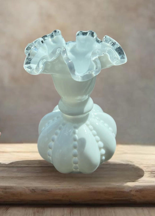 Vintage Fenton Silvercrest Beaded Melon Vase, Fenton White Milk Glass Vase, Lover Antiques and Vintage