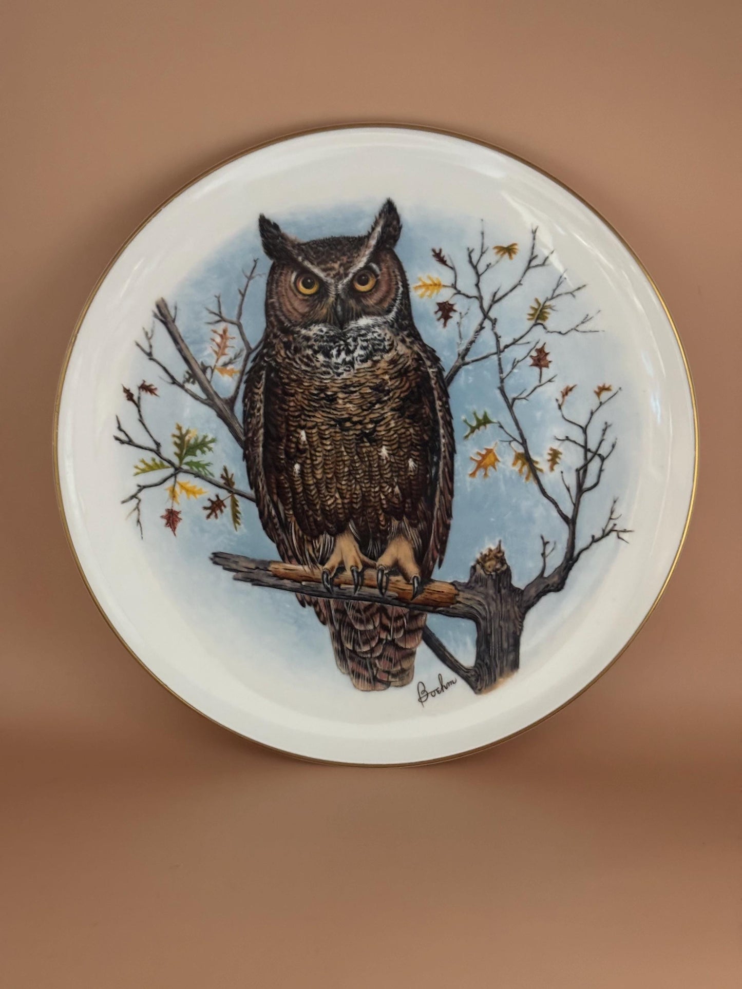 Vintage Owl Boehm Porcelain Plate by Edward Marshall Bone China Gold Rim Lover Antiques and Vintage