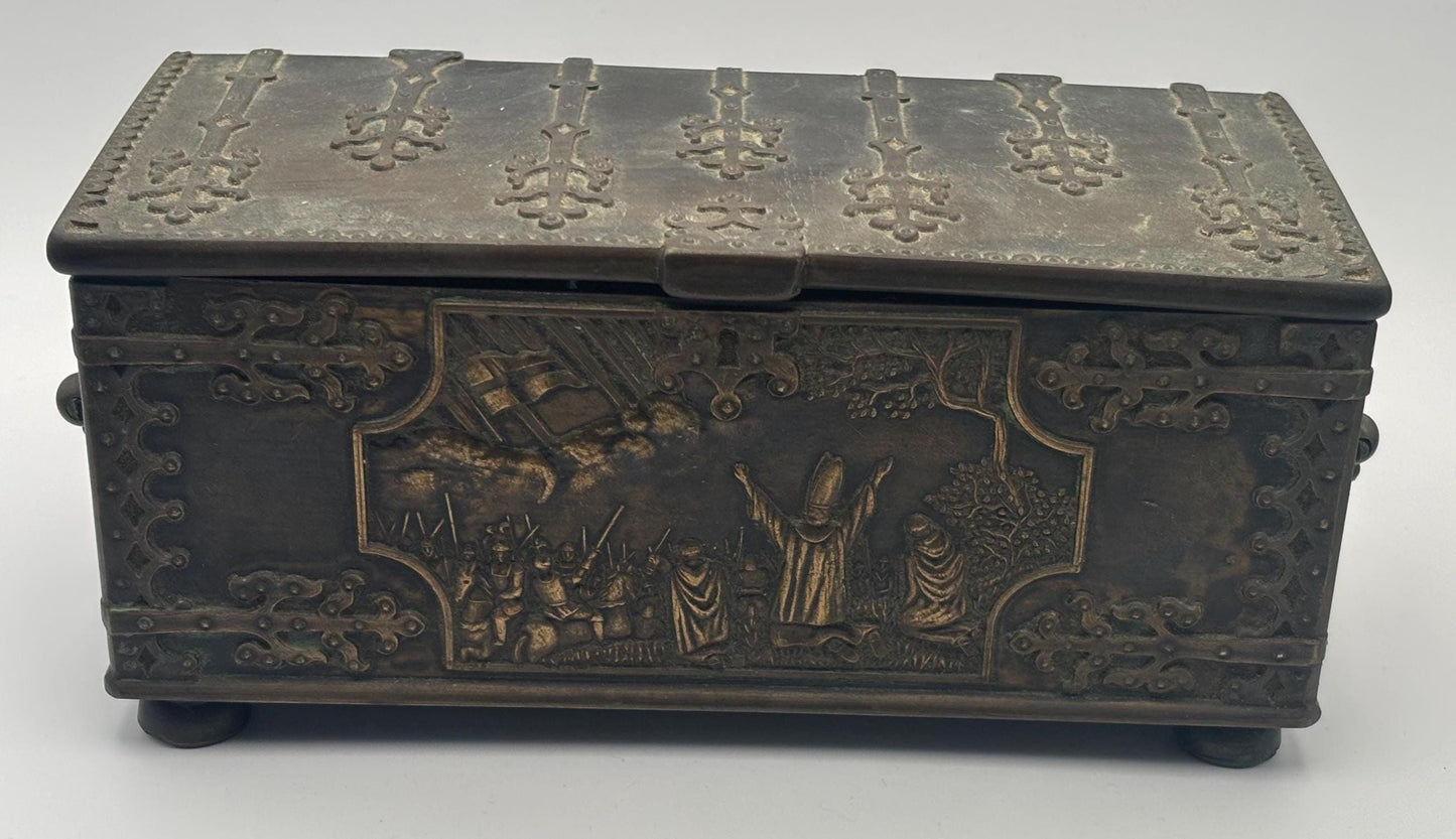 Antique Bronze Trinket Box with Wood Interior Casket Box Made in Denmark Depicting the Battle of Lyndanisse Danes Estonians