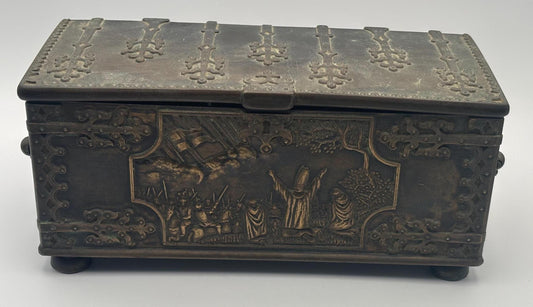 Antique Bronze Trinket Box with Wood Interior Casket Box Made in Denmark Depicting the Battle of Lyndanisse Danes Estonians