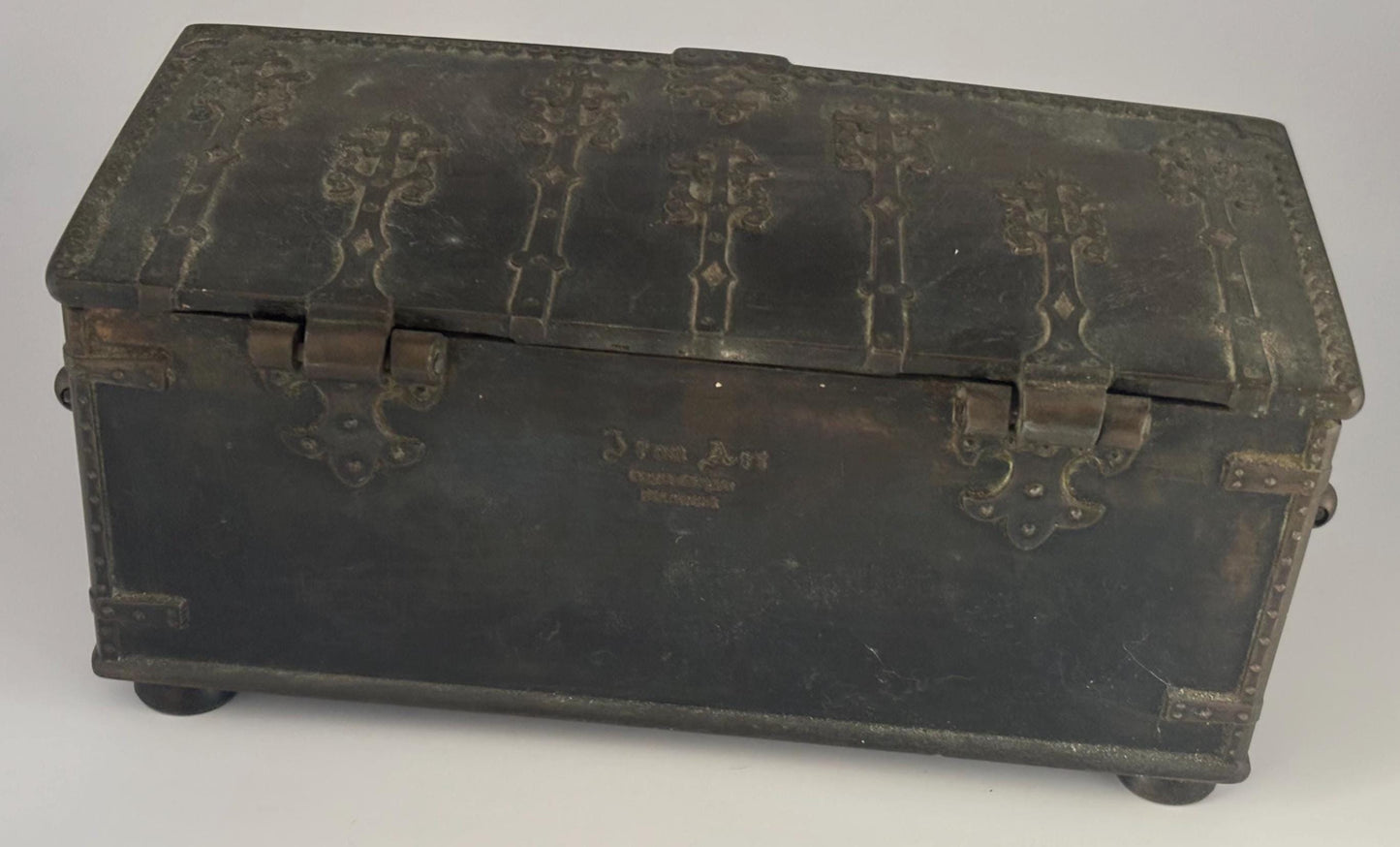 Antique Bronze Trinket Box with Wood Interior Casket Box Made in Denmark Depicting the Battle of Lyndanisse Danes Estonians