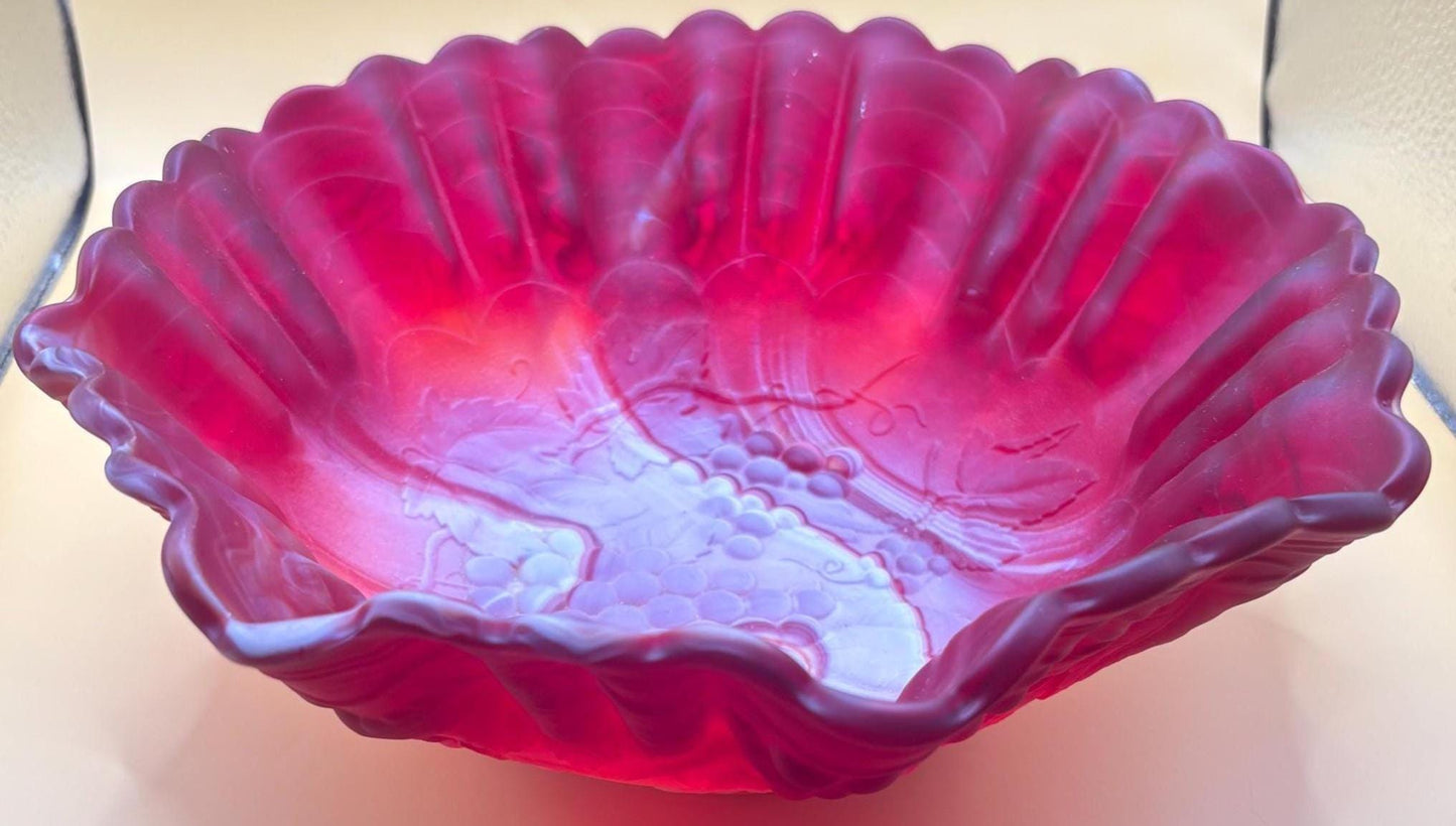 Vintage Imperial Glass Red Marbled Ruffled Bowl Slag Glass Dish Beautiful Show Piece Gift Lover Antiques and Vintage