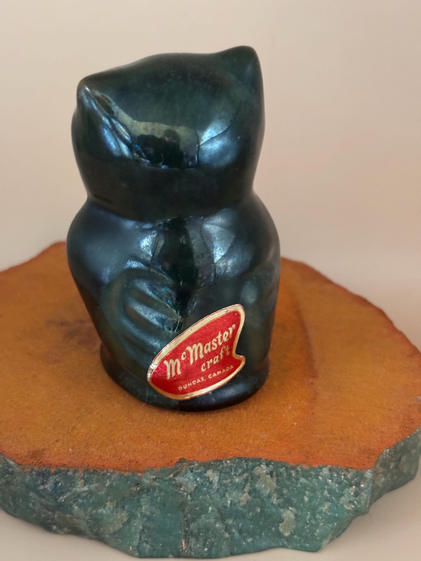 Vintage Ceramic Drip Pottery Green Owl Statue Fort Henry Pottery Glazed McMaster Craft Canada Lover Antiques and Vintage