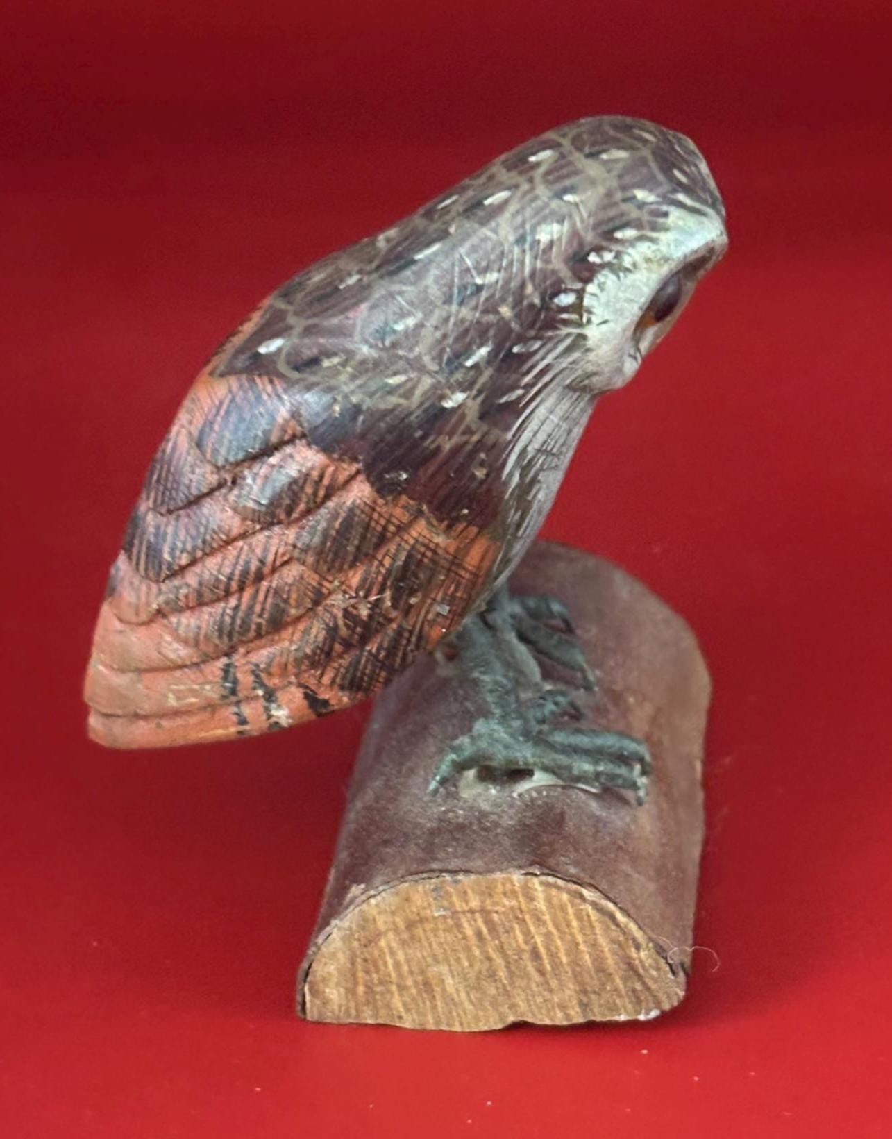 Vintage Owl on a Log Carved Wood Hand Painted Folk Art Signed CB Chuck Binder West Virginia Lover Antiques and Vintage
