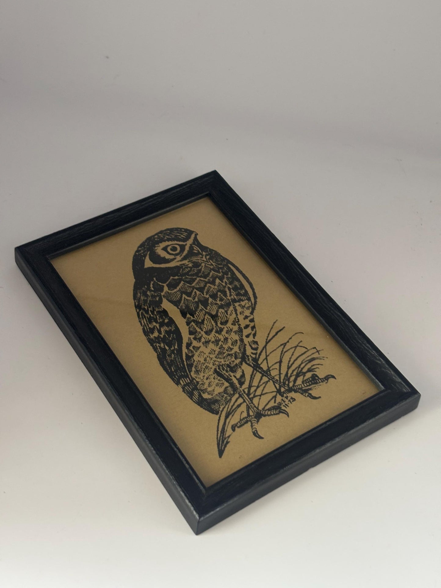 Vintage Owl Wall Art Linocut Framed Print by Pipestone Printhouse RIP and Deen Bodman Lover Antiques and Vintage