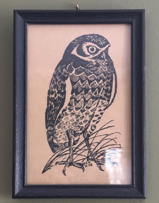 Vintage Owl Wall Art Linocut Framed Print by Pipestone Printhouse RIP and Deen Bodman Lover Antiques and Vintage