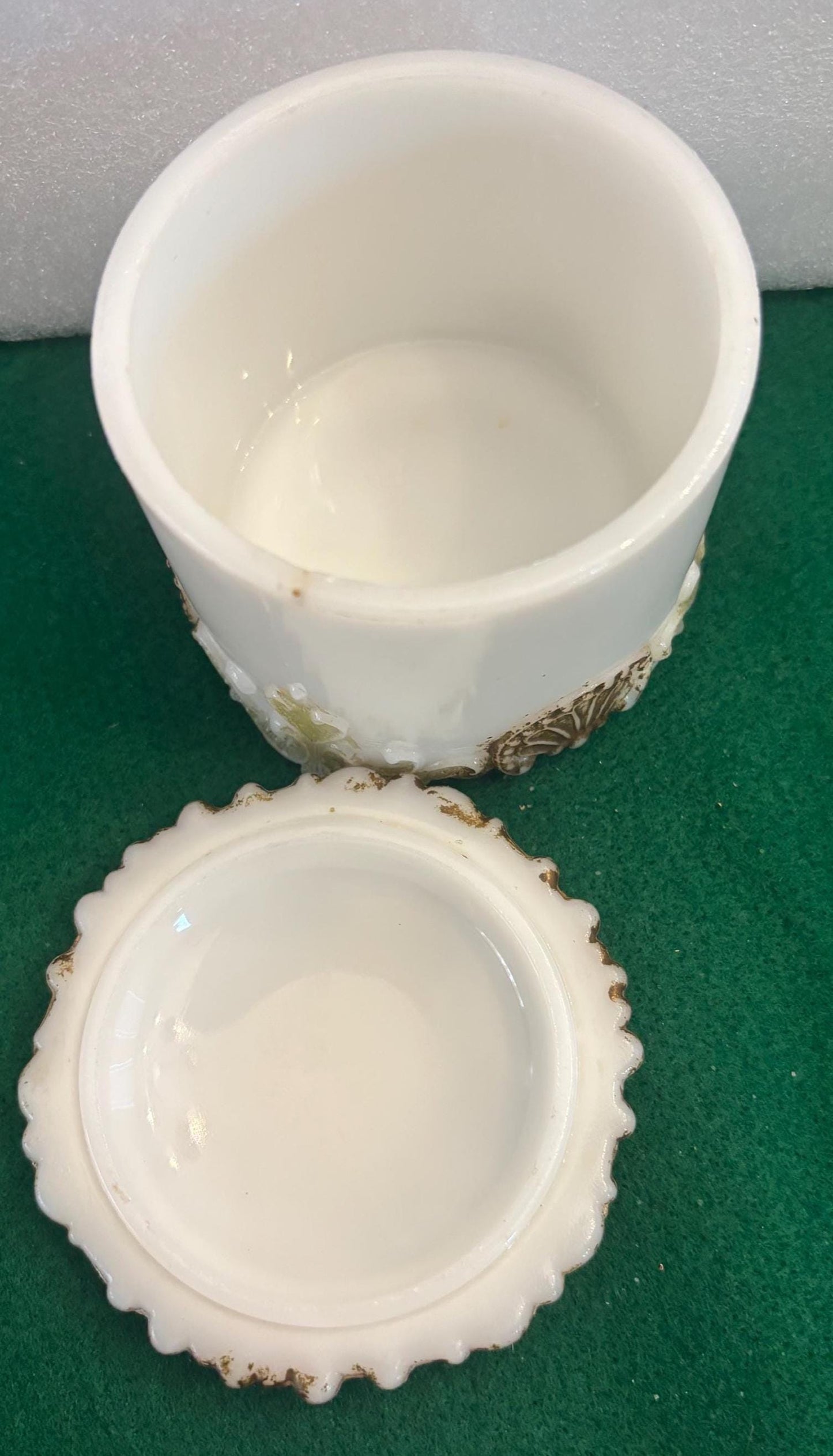 Antique Hand Painted Milk Glass Trinket Dish with Lid Lover Antiques and Vintage
