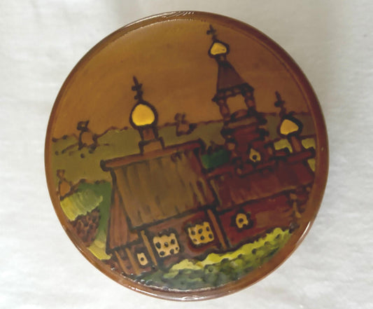 Vintage Russian Wood Trinket Box with Countryside Russian Church House Hand Painted Wooden Decorative Box Lover Antiques Vintage