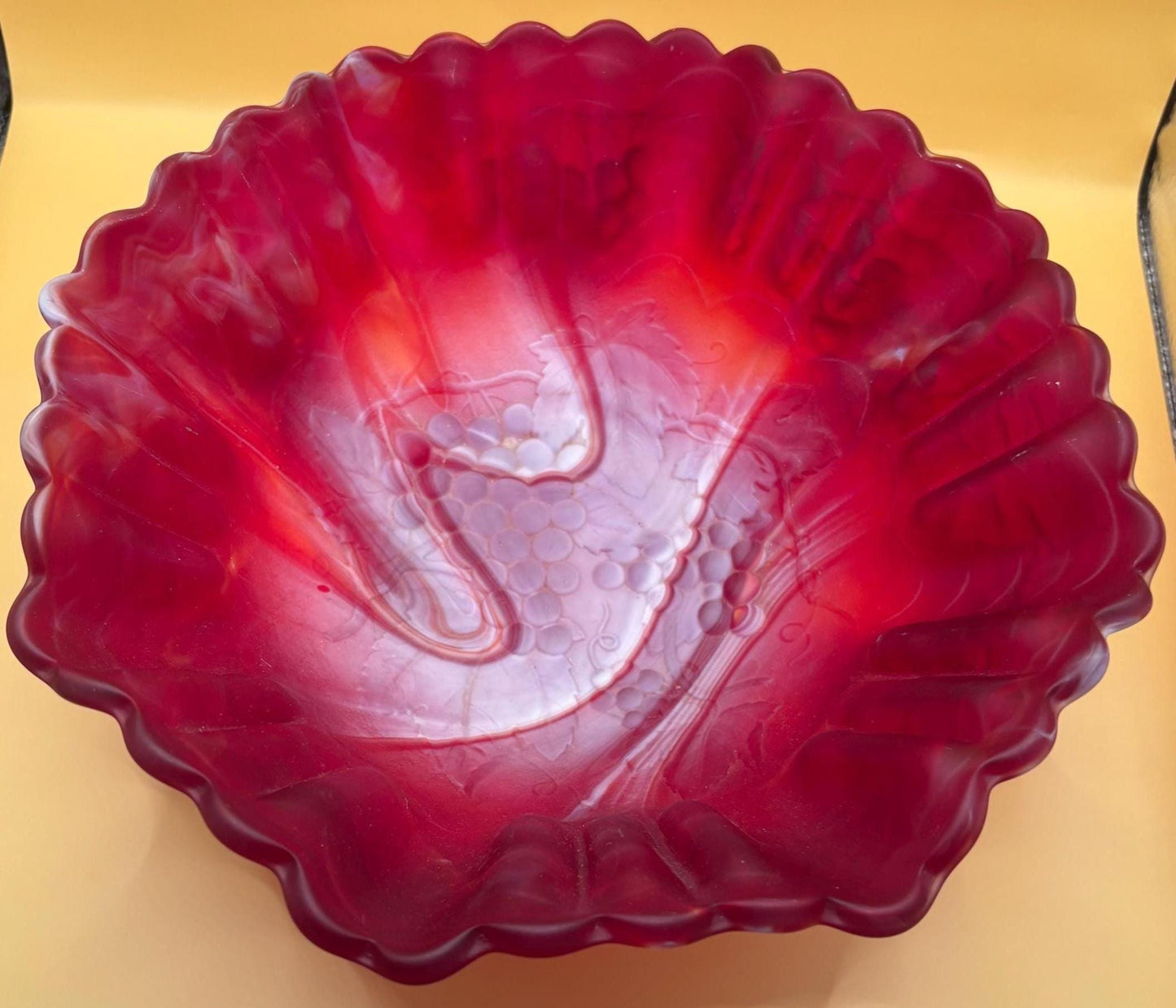 Vintage Imperial Glass Red Marbled Ruffled Bowl Slag Glass Dish Beautiful Show Piece Gift Lover Antiques and Vintage
