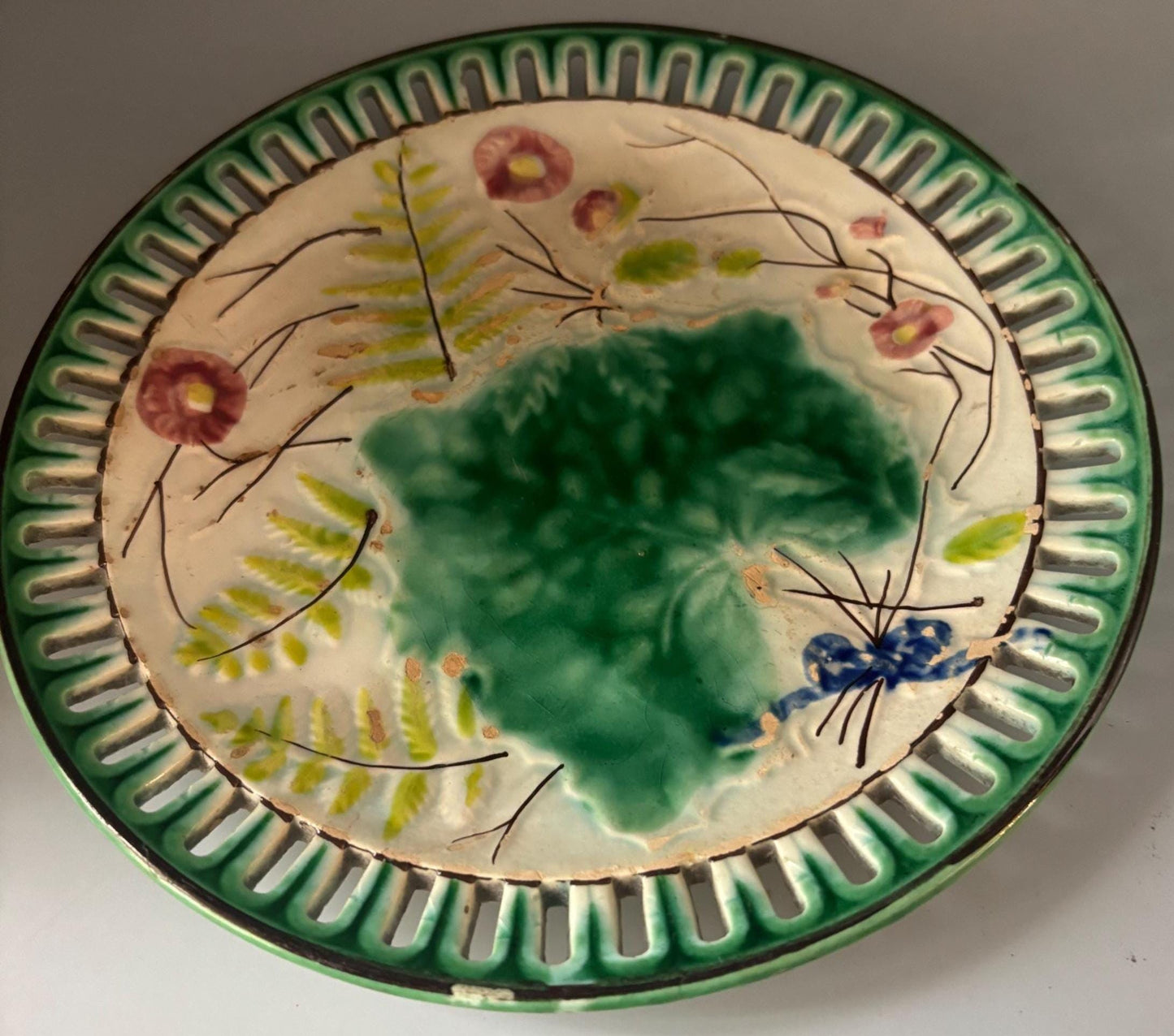 Antique Majolica Reticulated Plate Nature Floral Leaf Pattern Made in Germany Lover Antiques and Vintage