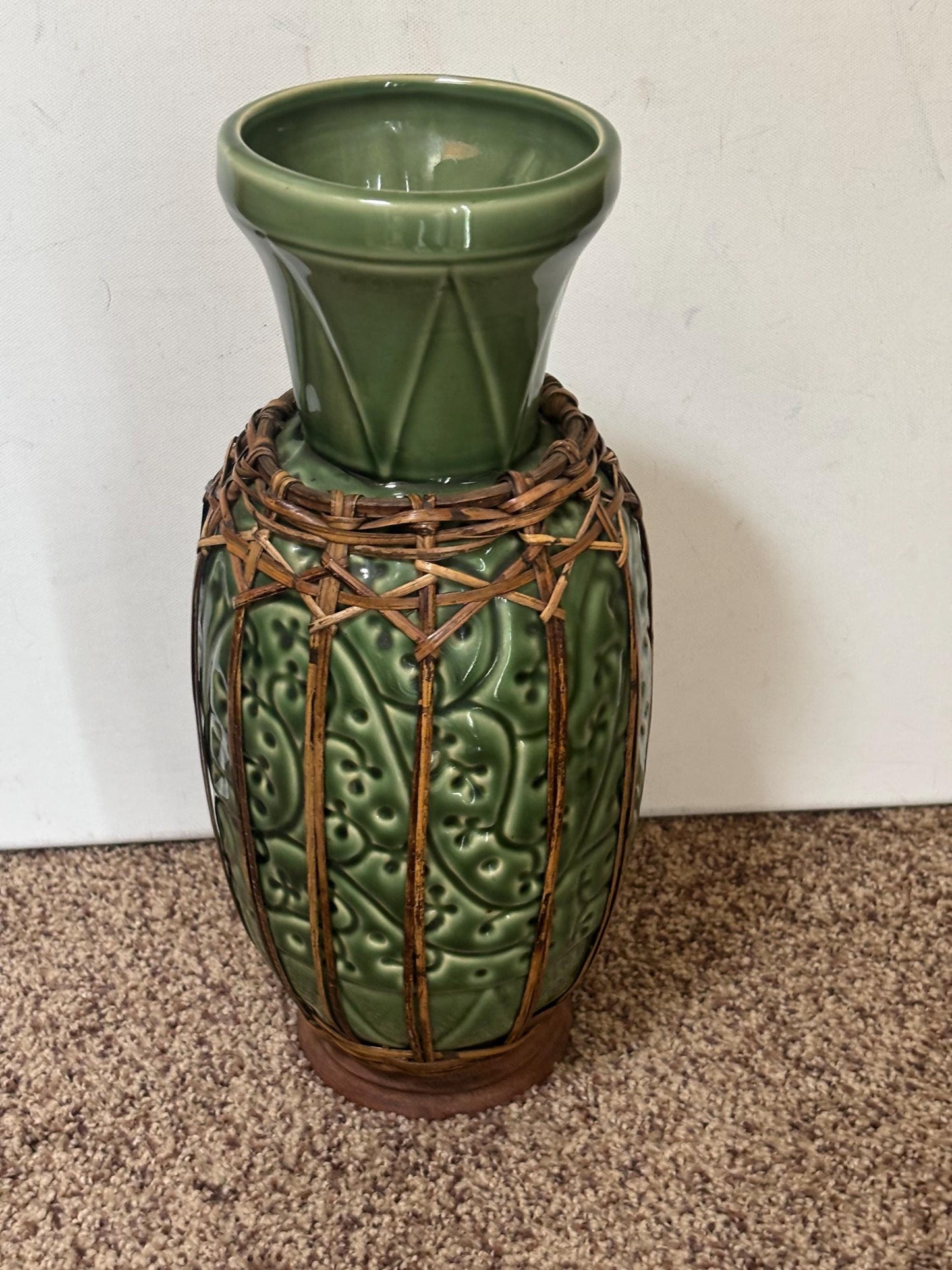 Antique Ironstone Vase with Green Ceramic Body and Woven Rattan Accents Possibly One of a Kind Gift Lover Antiques and Vintage