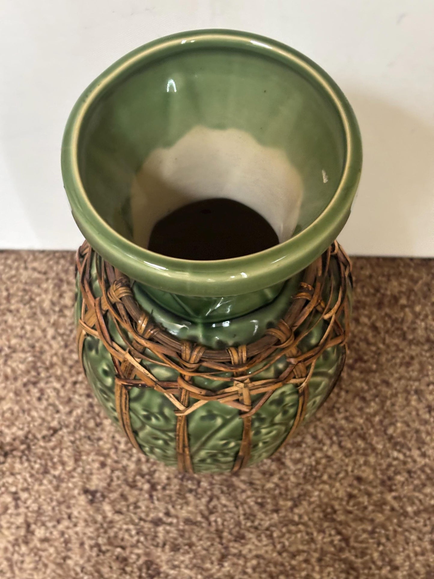 Antique Ironstone Vase with Green Ceramic Body and Woven Rattan Accents Possibly One of a Kind Gift Lover Antiques and Vintage