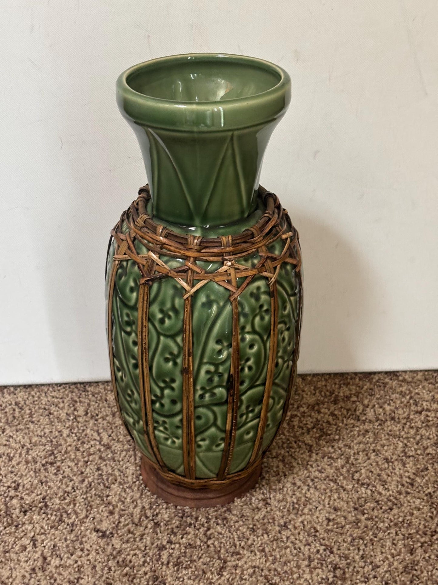 Antique Ironstone Vase with Green Ceramic Body and Woven Rattan Accents Possibly One of a Kind Gift Lover Antiques and Vintage