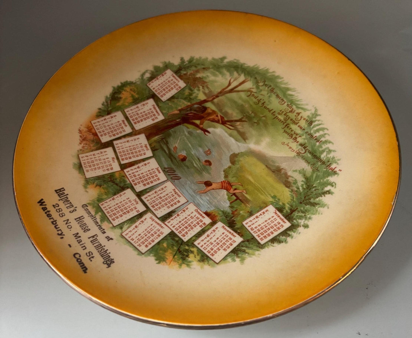 Antique 1910 Calendar Souvenir Plate Waterbury, CT Advertising Lover Antiques and Vintage