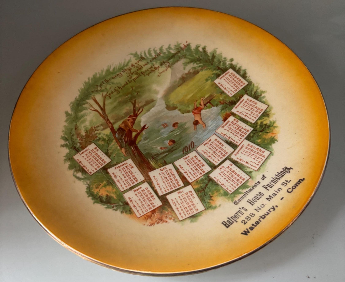 Antique 1910 Calendar Souvenir Plate Waterbury, CT Advertising Lover Antiques and Vintage