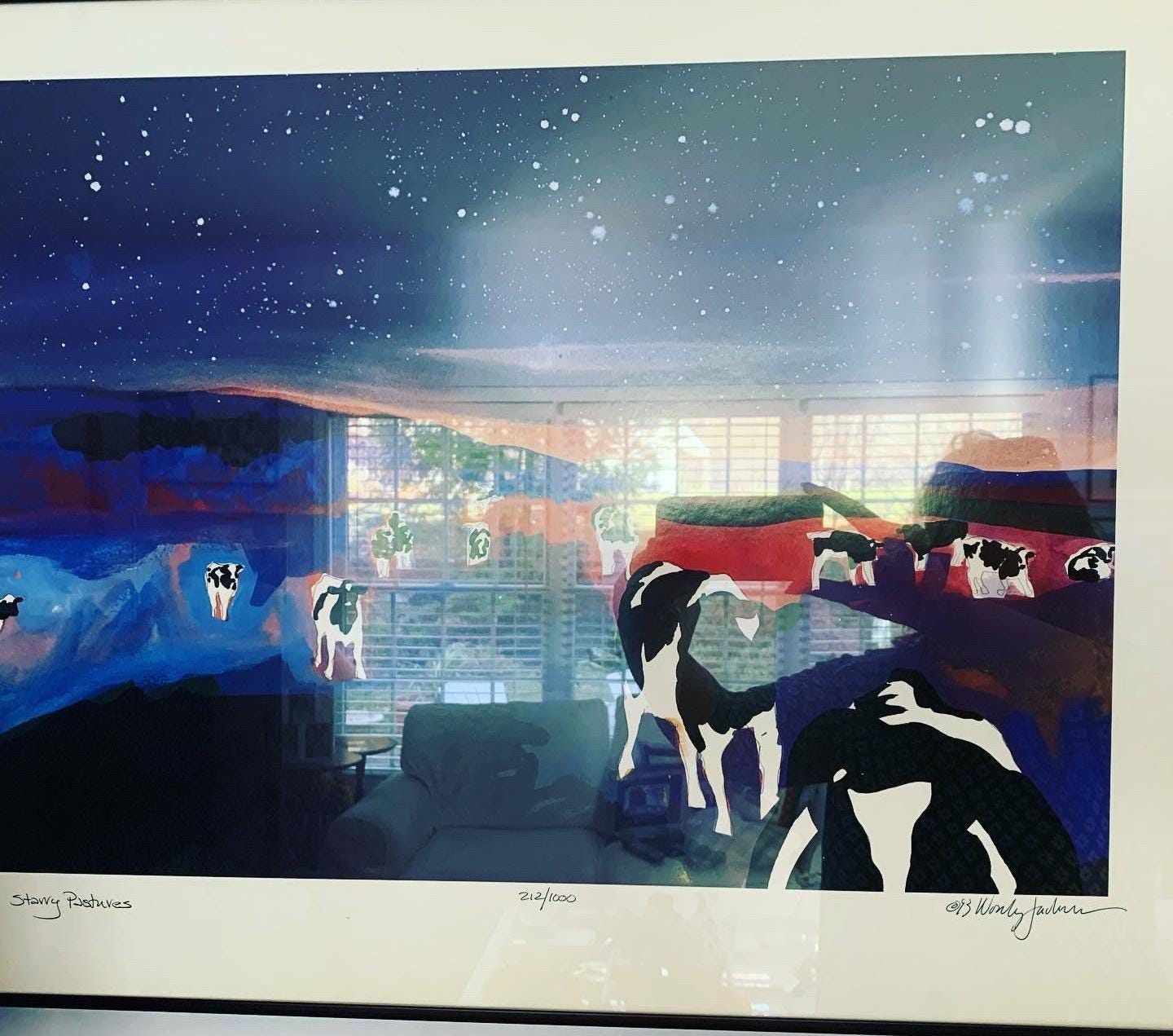 Vintage Woody Jackson Starry Pastures 1993 Signed Numbered & Framed Cow Print Abstract Ben and Jerry artwork art Lover Antiques and Vintage