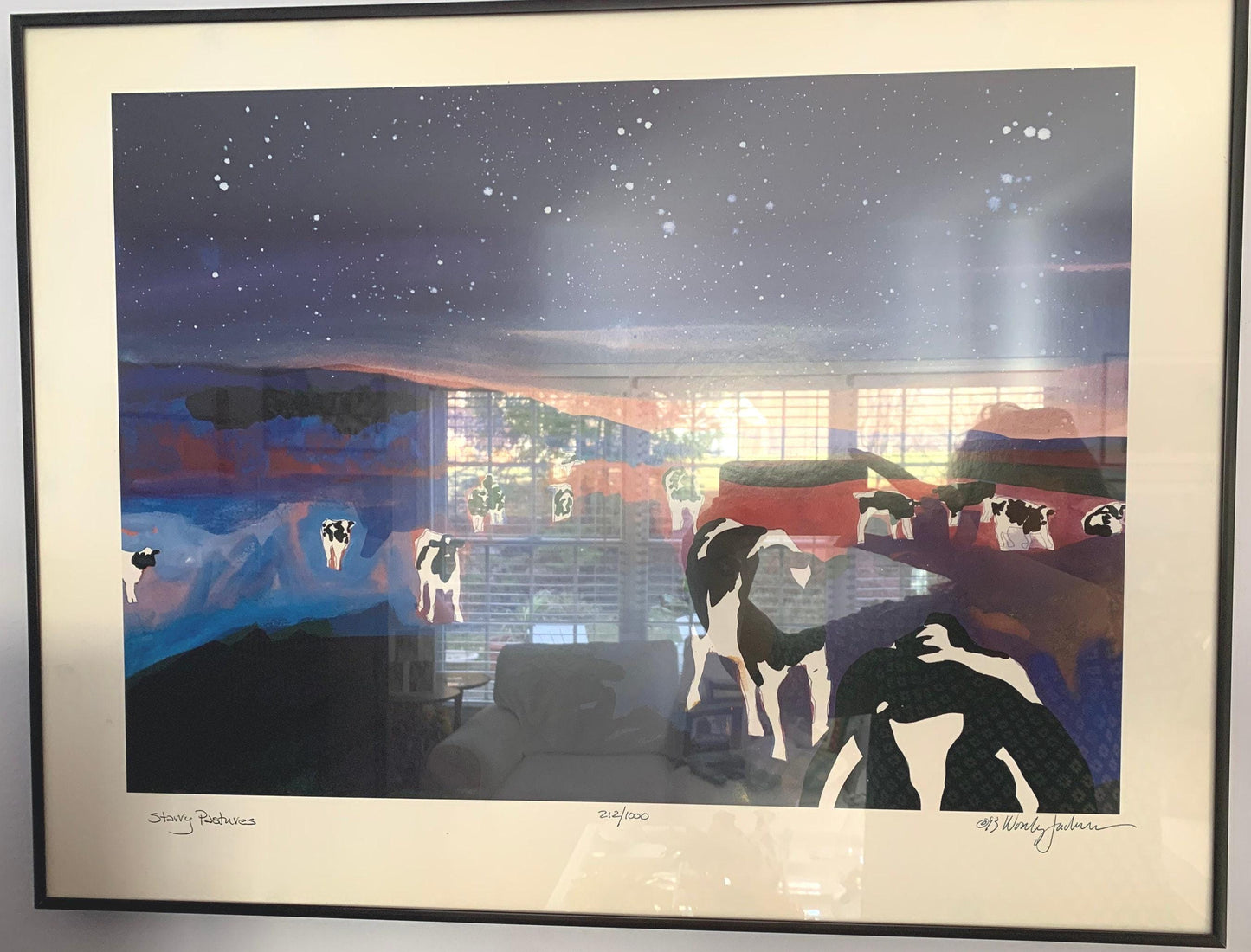 Vintage Woody Jackson Starry Pastures 1993 Signed Numbered & Framed Cow Print Abstract Ben and Jerry artwork art Lover Antiques and Vintage