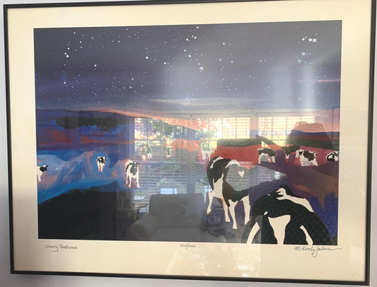 Vintage Woody Jackson Starry Pastures 1993 Signed Numbered & Framed Cow Print Abstract Ben and Jerry artwork art Lover Antiques and Vintage