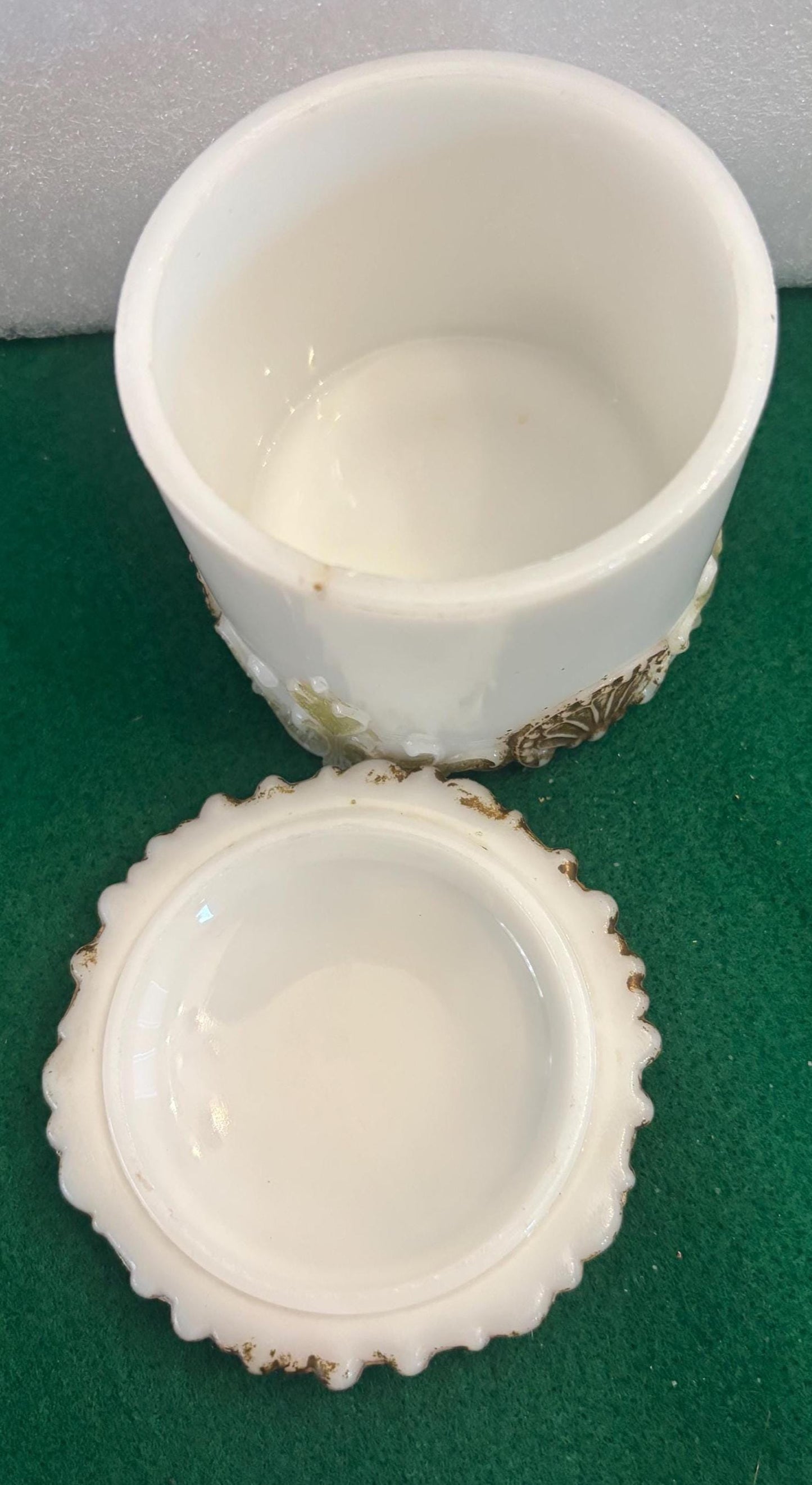 Antique Hand Painted Milk Glass Trinket Dish with Lid Lover Antiques and Vintage