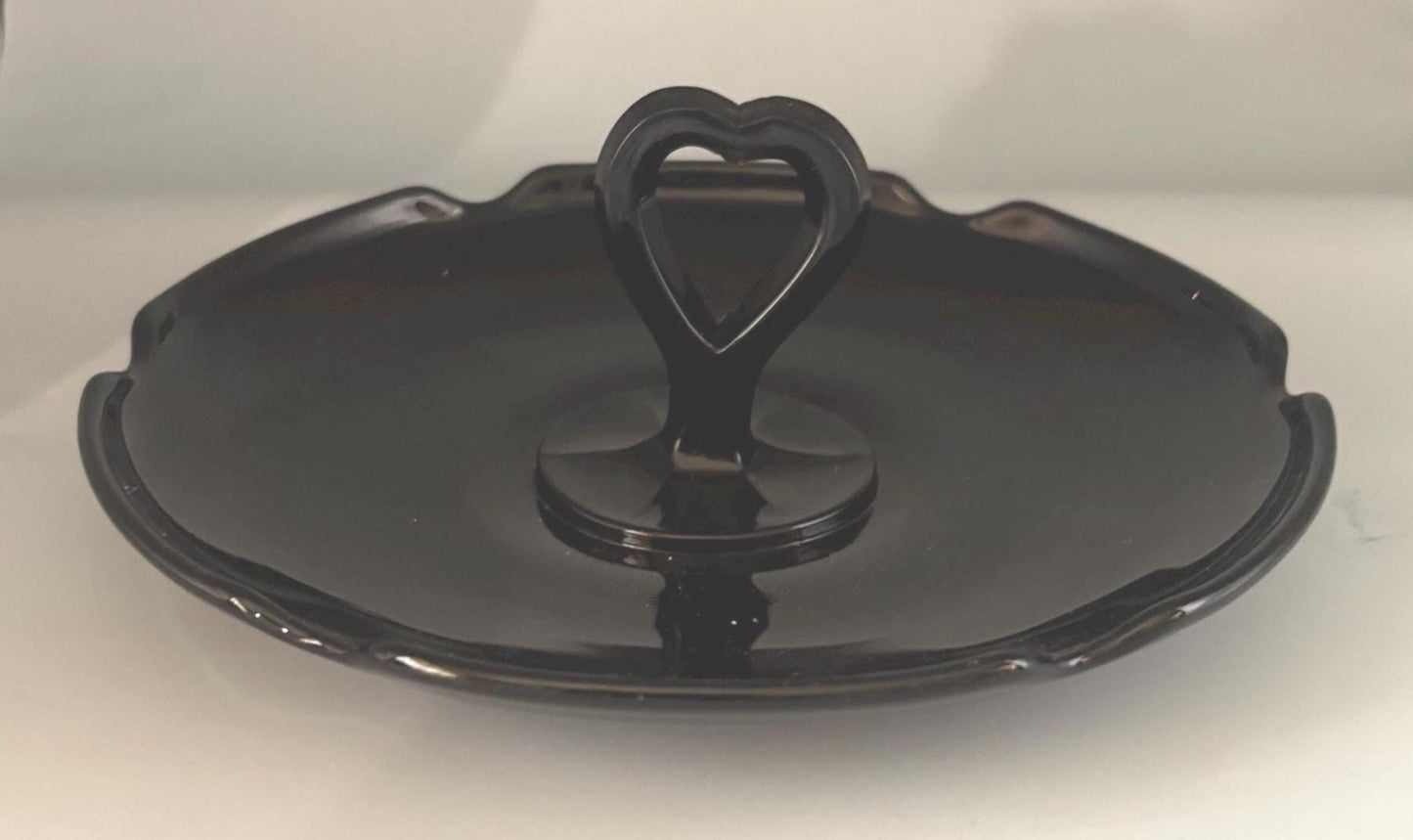LE Smith Mt Pleasant Black Amethyst Glass Candy Dish with Heart Shaped Handle Lover Antiques and Vintage