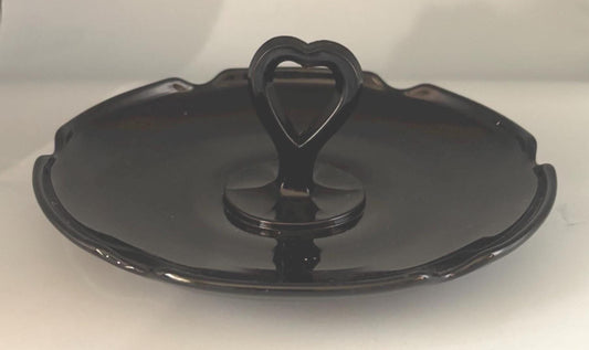 LE Smith Mt Pleasant Black Amethyst Glass Candy Dish with Heart Shaped Handle Lover Antiques and Vintage