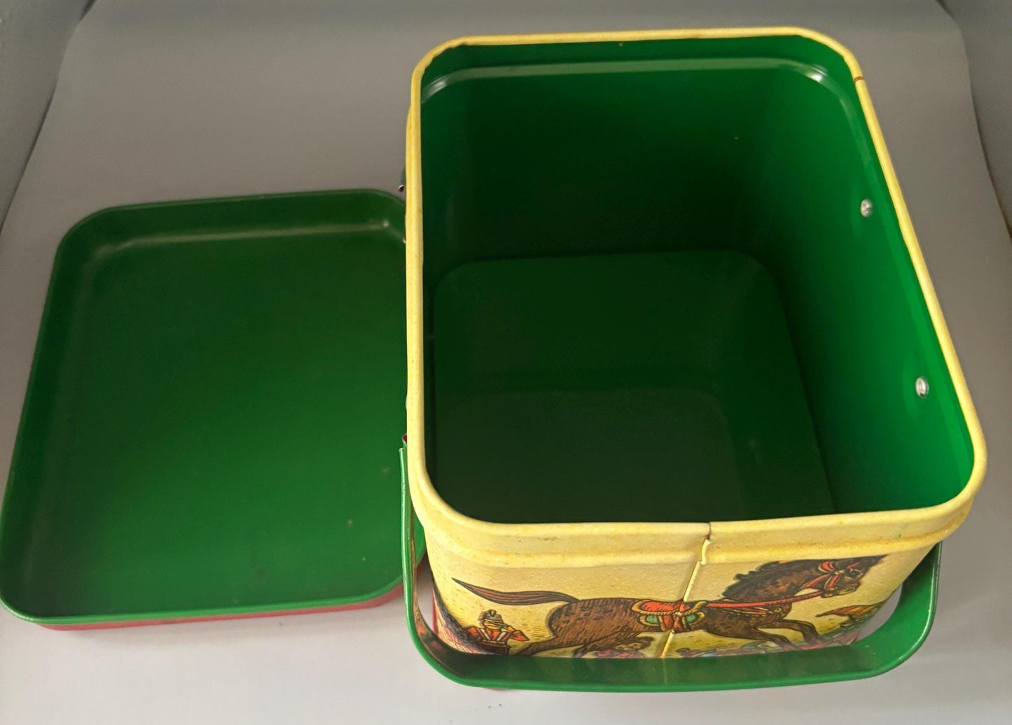 Vintage Tin Box with Double Handle and Lid Potpourri Press Christmas Tin Toys Horse Lover Antiques and Vintage