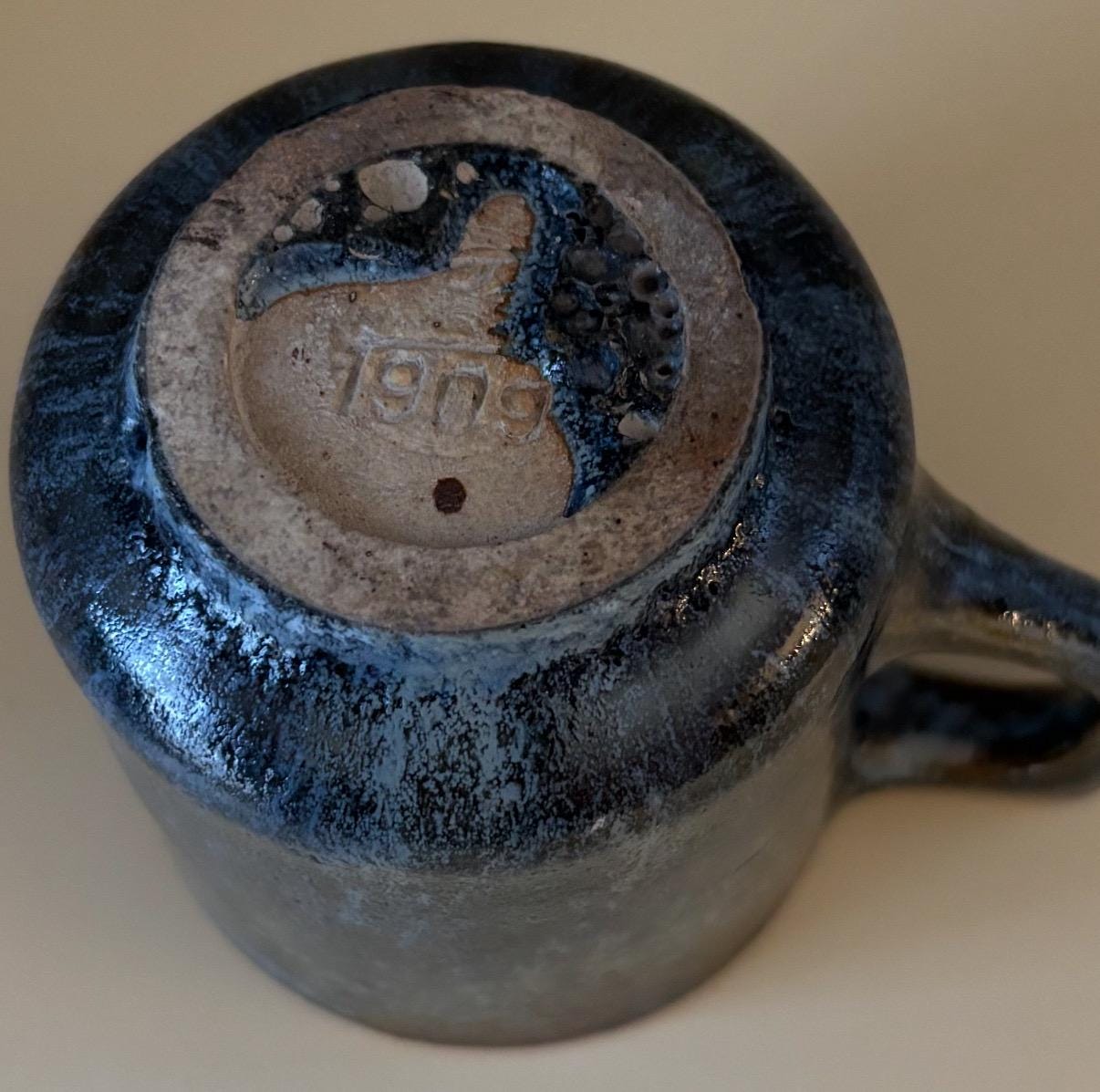 Antique Handmade Blue Stoneware Pottery Mug Cup Dated 1909 Lover Antiques and Vintage