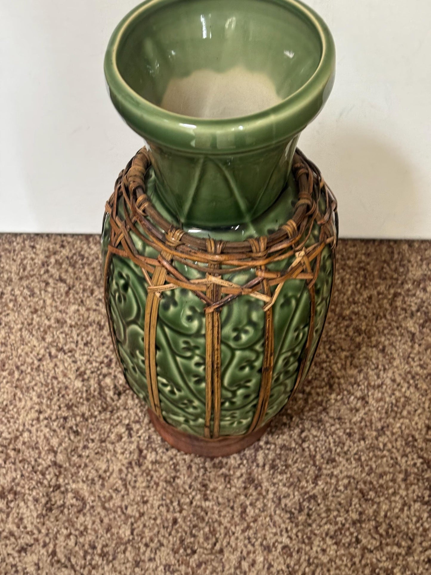 Antique Ironstone Vase with Green Ceramic Body and Woven Rattan Accents Possibly One of a Kind Gift Lover Antiques and Vintage