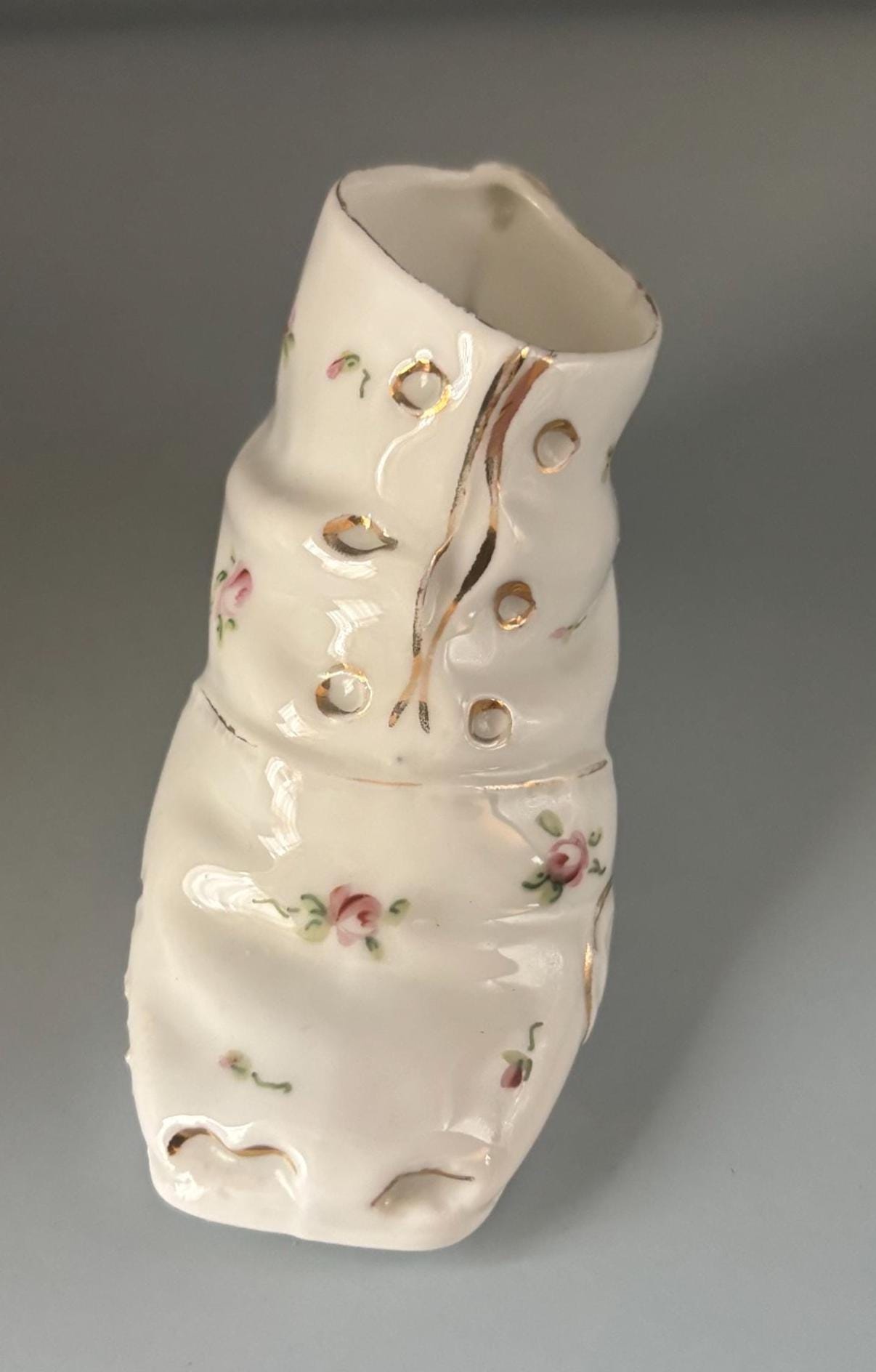 Vintage Porcelain Shoe with Hand Painted Flowers White and Pink with Green Rose Shoe Lover Antiques and Vintage
