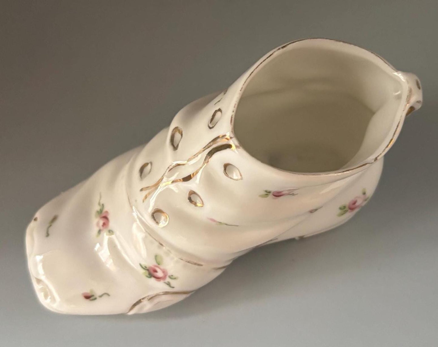 Vintage Porcelain Shoe with Hand Painted Flowers White and Pink with Green Rose Shoe Lover Antiques and Vintage