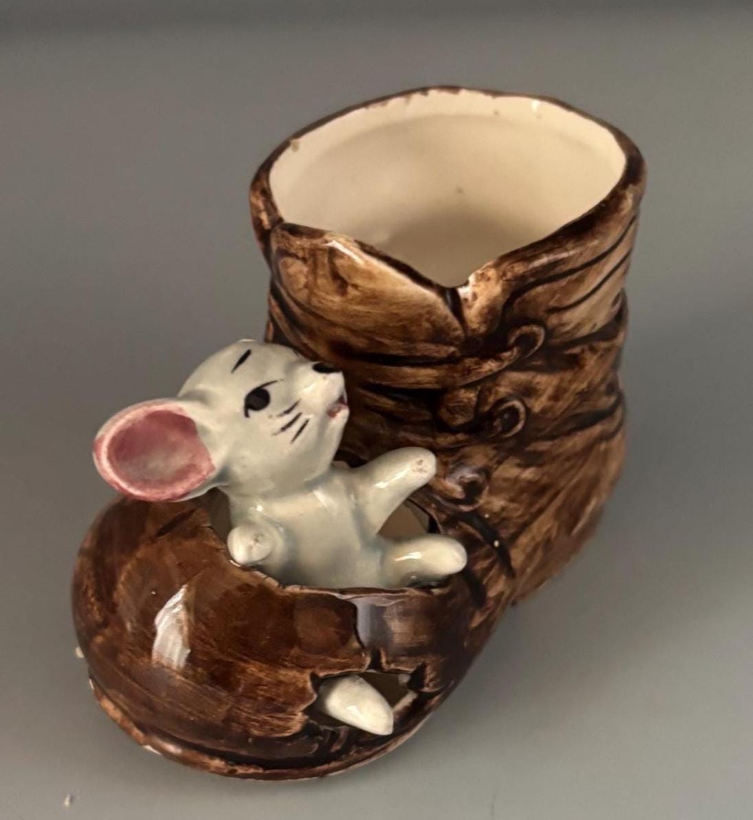 Ceramic Toothpick Holder Brown Boot with Mouse Lover Antiques and Vintage