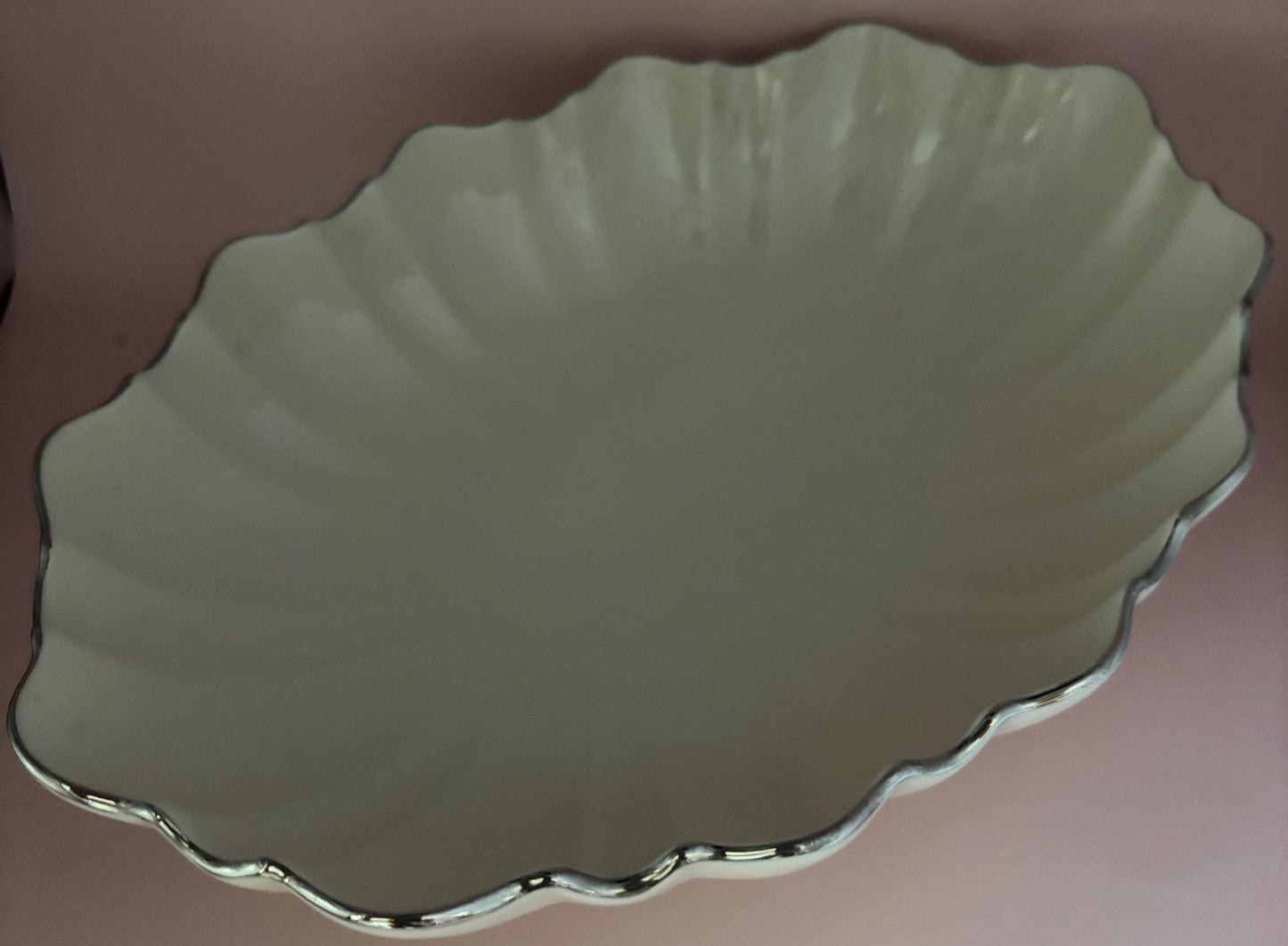 Vintage Lenox Porcelain Large Scalloped Bowl Symphony Centerpiece Platter Cream with Silver Gild Lover Antiques and Vintage