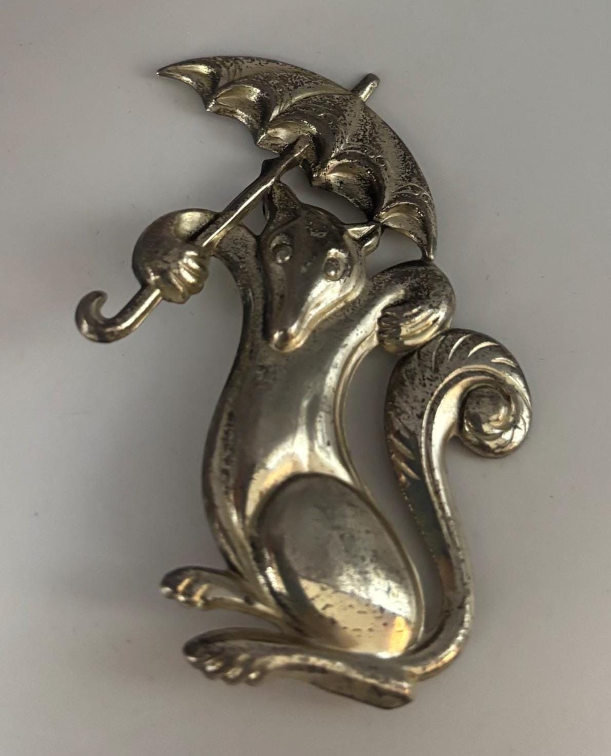 Vintage Rare Truant Fox & Umbrella Sterling Silver 3D Brooch Pin Lover Antiques and Vintage