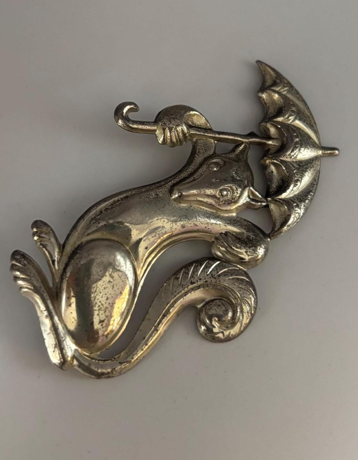 Vintage Rare Truant Fox & Umbrella Sterling Silver 3D Brooch Pin Lover Antiques and Vintage