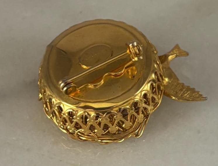 Vintage Gold Bird on Nest with Tiny Pearl Eggs in Basket Signed Jeanne Lover Antiques and Vintage