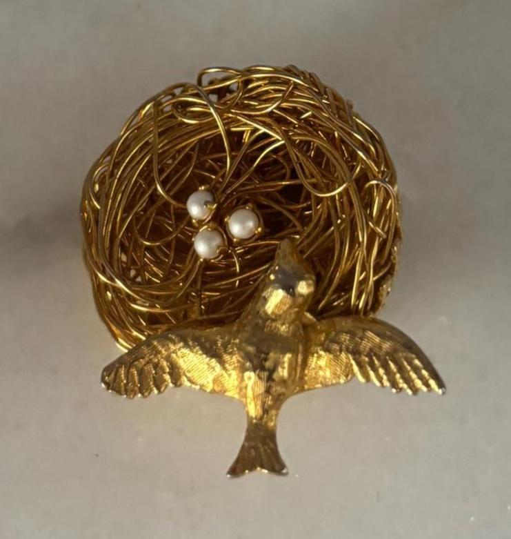 Vintage Gold Bird on Nest with Tiny Pearl Eggs in Basket Signed Jeanne Lover Antiques and Vintage