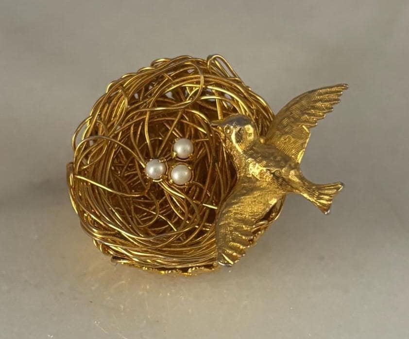 Vintage Gold Bird on Nest with Tiny Pearl Eggs in Basket Signed Jeanne Lover Antiques and Vintage