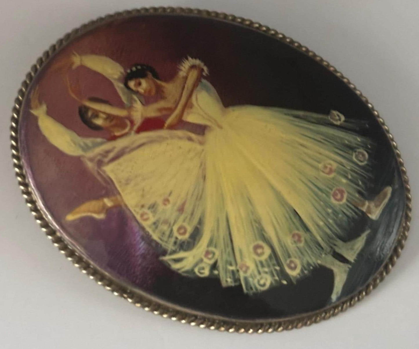 Fedoskino Russian Ballet Dancers Pin Mother of Pearl Lacquer German Silver Brooch RARE! Lover Antiques and Vintage