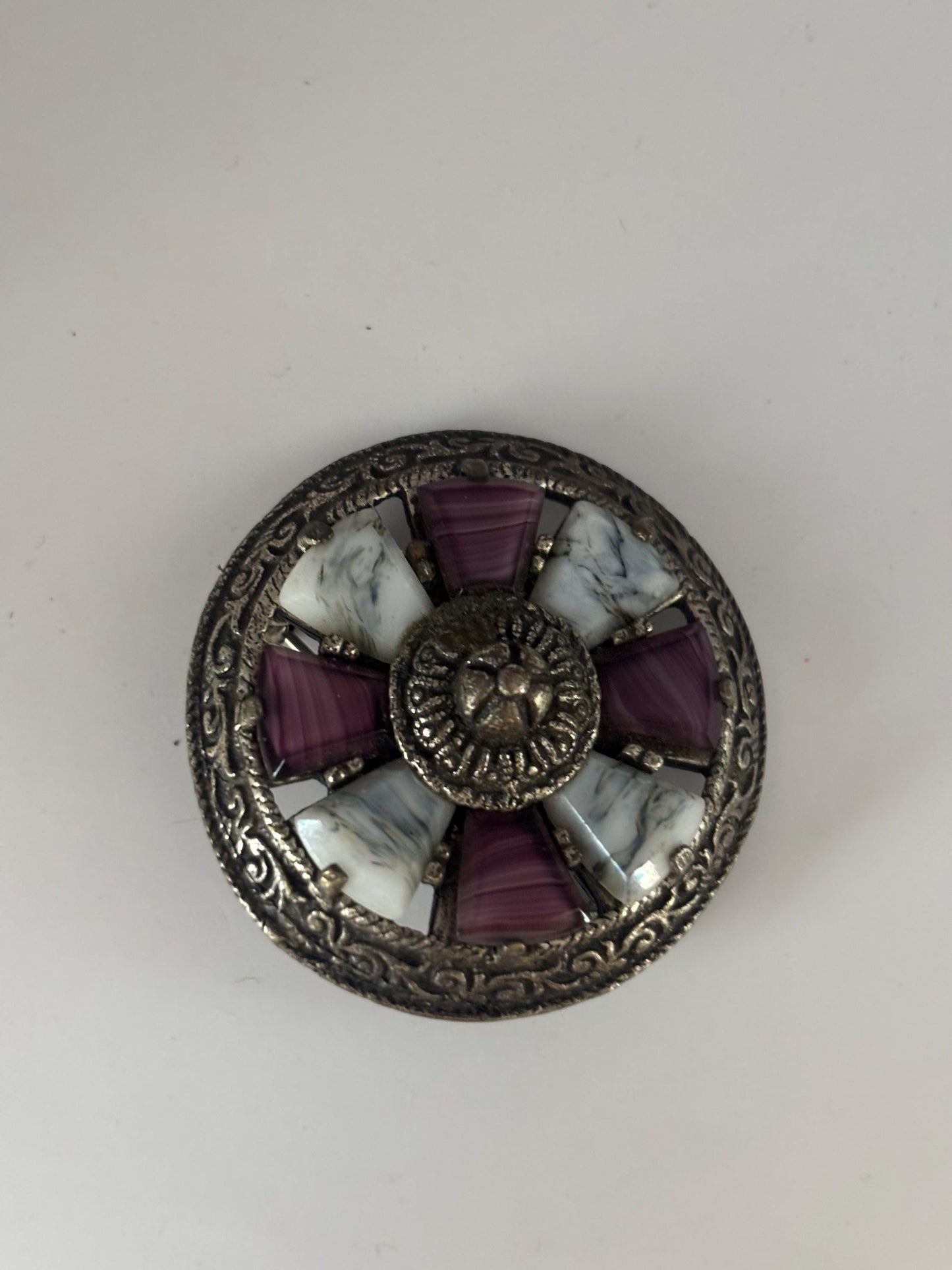 Vintage Miracle Celtic Style Brooch Purple Amethyst Gray Agate Silver Pin Lover Antiques and Vintage