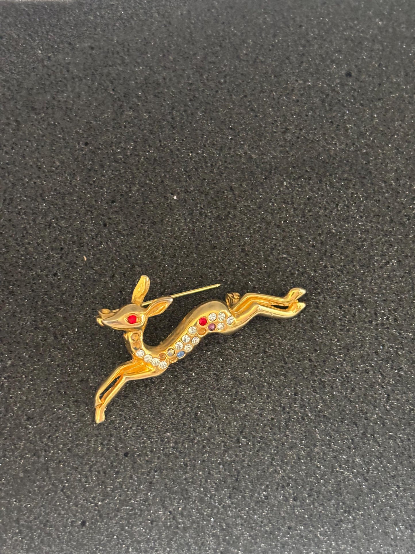 Vintage Deer Pin Gold with Colored Rhinestones Lover Antiques and Vintage