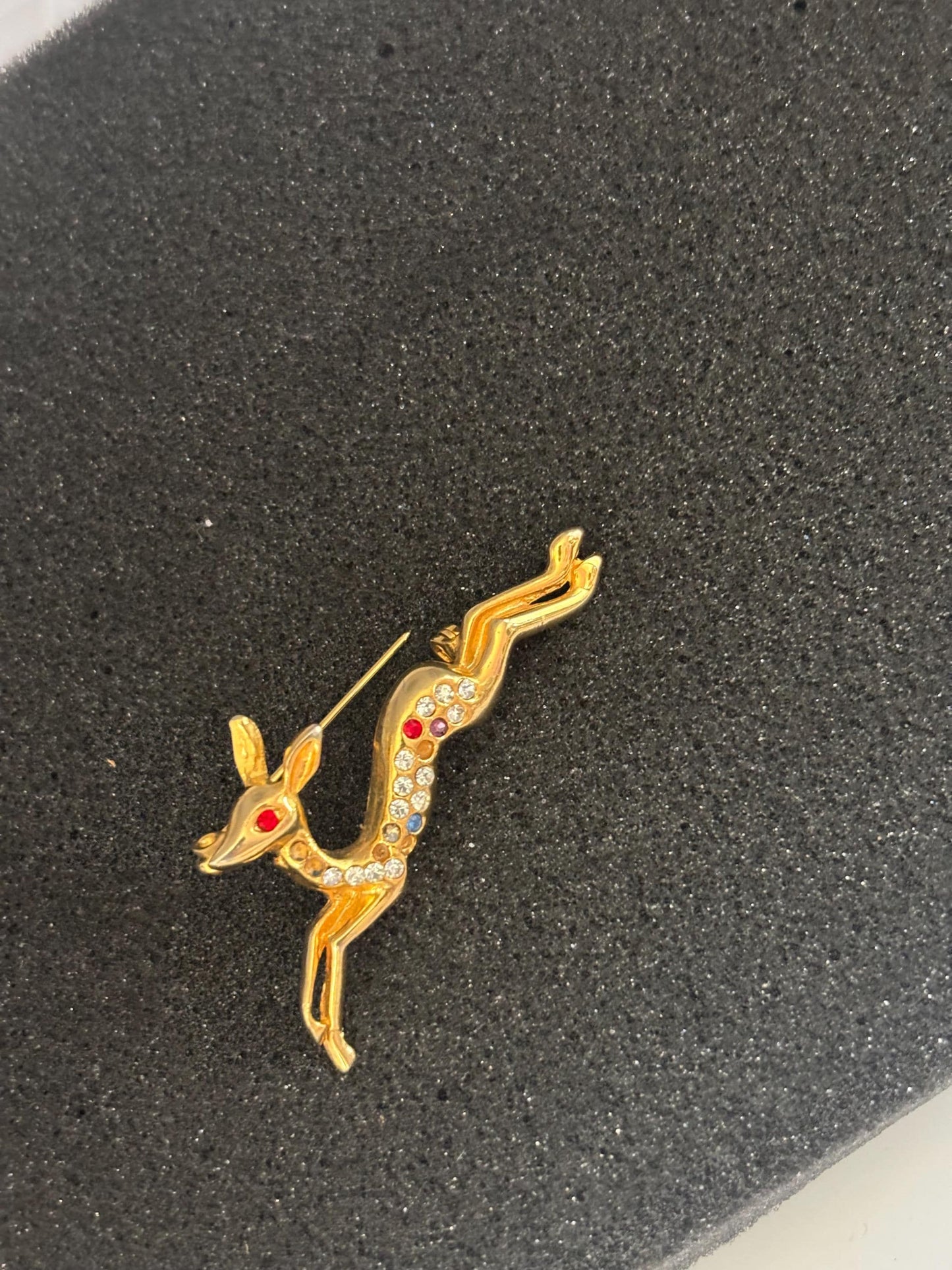 Vintage Deer Pin Gold with Colored Rhinestones Lover Antiques and Vintage